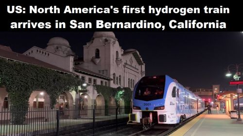 USA: eerste waterstoftrein van Noord-Amerika gearriveerd in San Bernadino, Californië